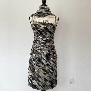 Vintage Y2K  Blue Beige Gray Brown Cocktail Dress Size 4 With Scarf/Shawl